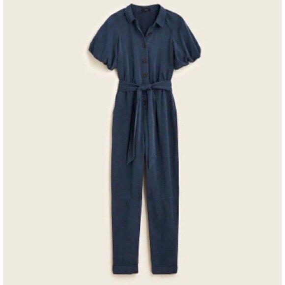 J. Crew Belted Jumpsuit Blue Puff Sleeve Boho Silky Pockets Button Down 2 $268 - Picture 3 of 11